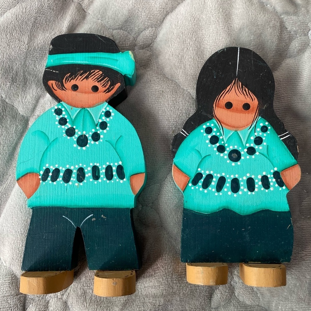 Wooden Native American woman man handpainted signed NM.  #13